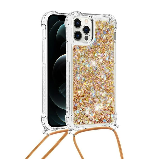 Funda FOXDOCK para iPhone 12 Pro con Cuerda Ajustable, Brillo Líquido, Protección Antigolpes y Lente – Ideal para Regalo
