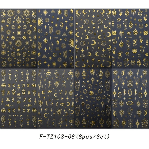 8 Sheet Golden Bronzing Nail Art Stickers Decals, Sun Moon Stars Design Nail Art Decals,3D Nail Decoration For Acrylic Nail