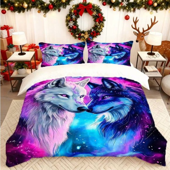 Two-Color Wolf Pack Illustration Printed Duvet Cover Set Themed Bedding Duvet Cover and Pillowcase Set Soft and Comfortable Suitable for All Seasons Ideal Choic