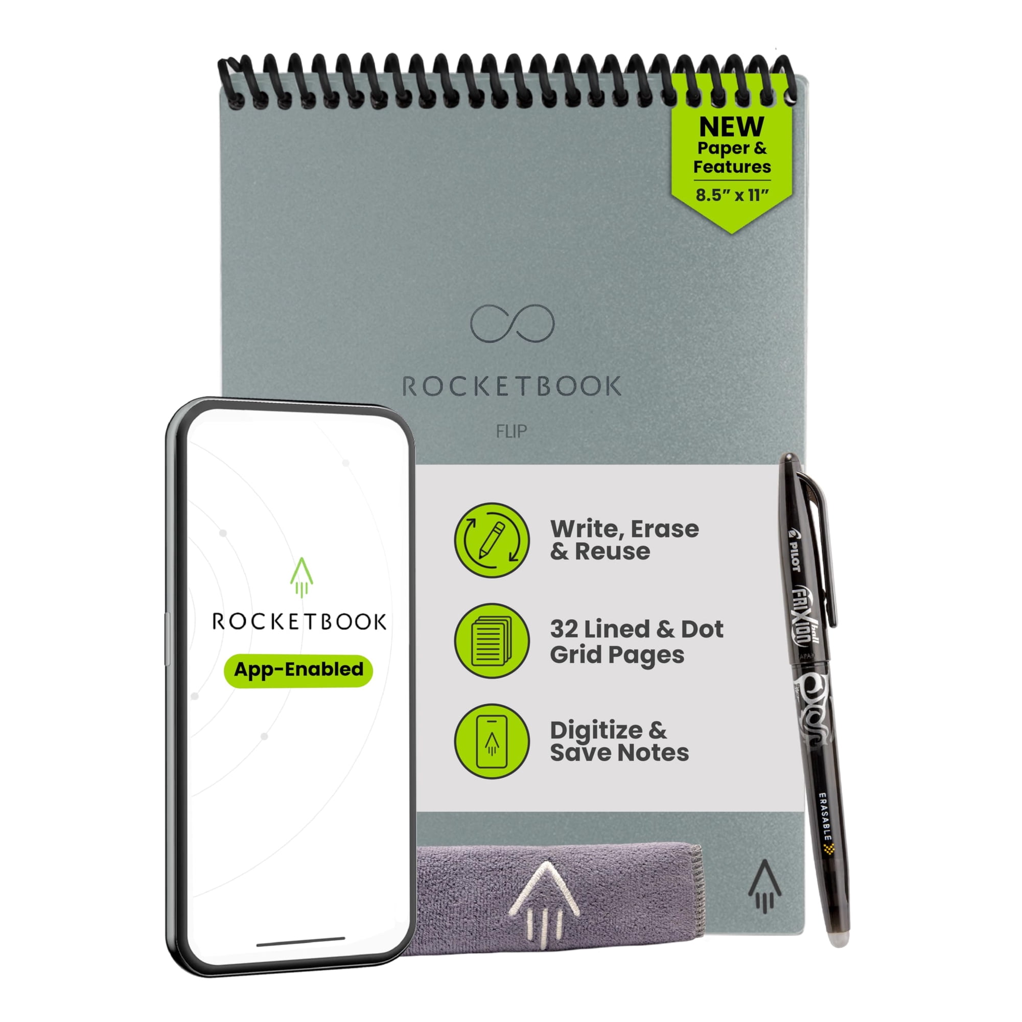Notebook Rocketbook Flip Con Bolígrafo Pilot Frixion Y Paño Gris