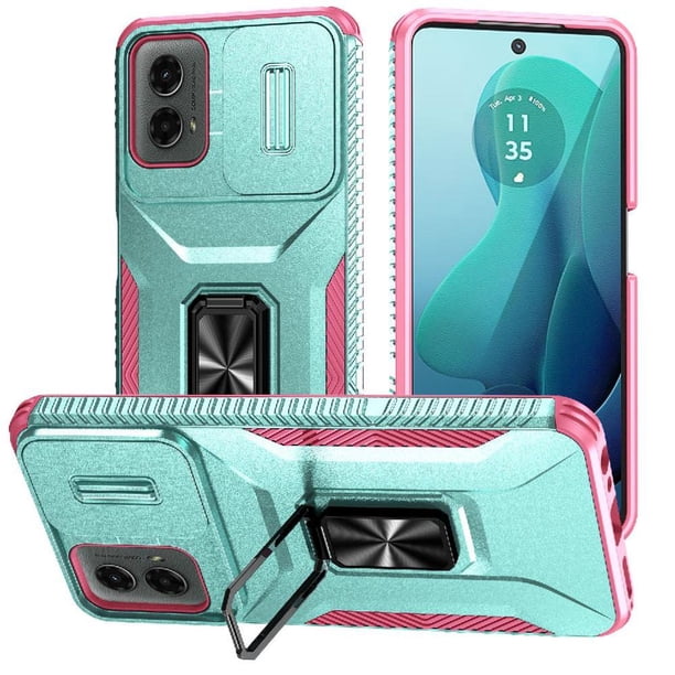 Funda Armada para Motorola Moto G Play 5G 2024 con Tapa Deslizante y Soporte Magnético Giratorio Verde