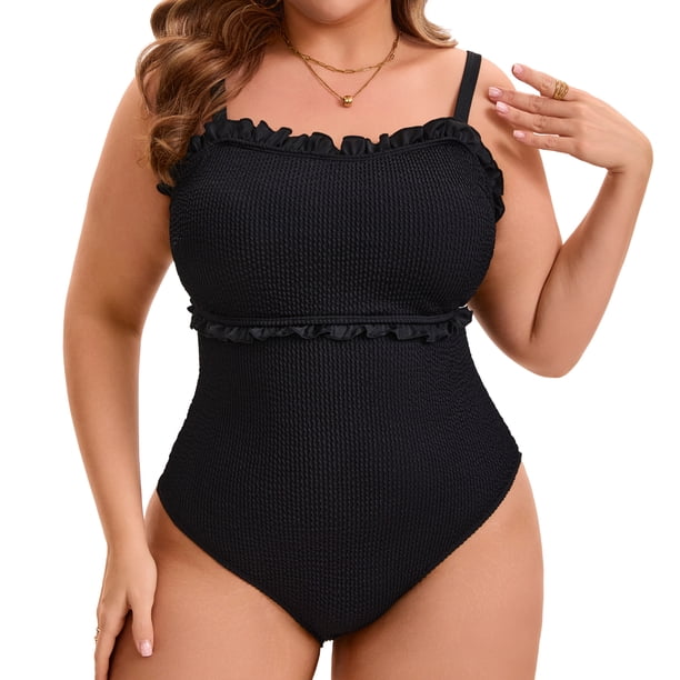 Agnes Orinda Traje de Baño de Una Pieza para Mujer Talla Grande Monokini Texturizado Acanalado Traje de Baño con Lazo en la Espalda Control de Abdomen Cobertura Completa 1X Negro