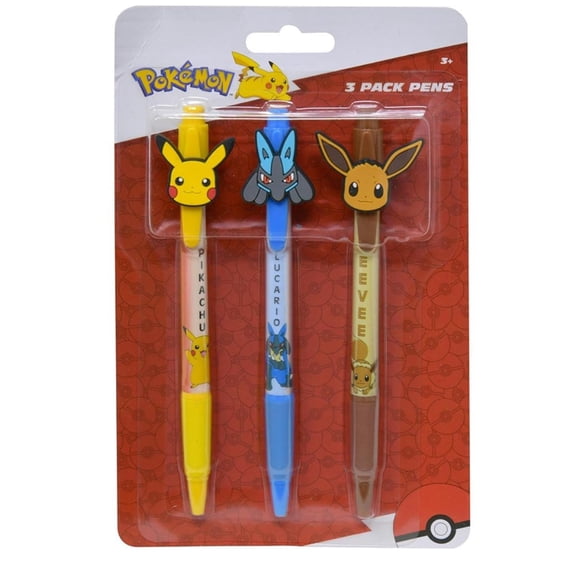 Set De 3 Bolígrafos Pikachu Lucario Y Eevee Con Clip De Goma