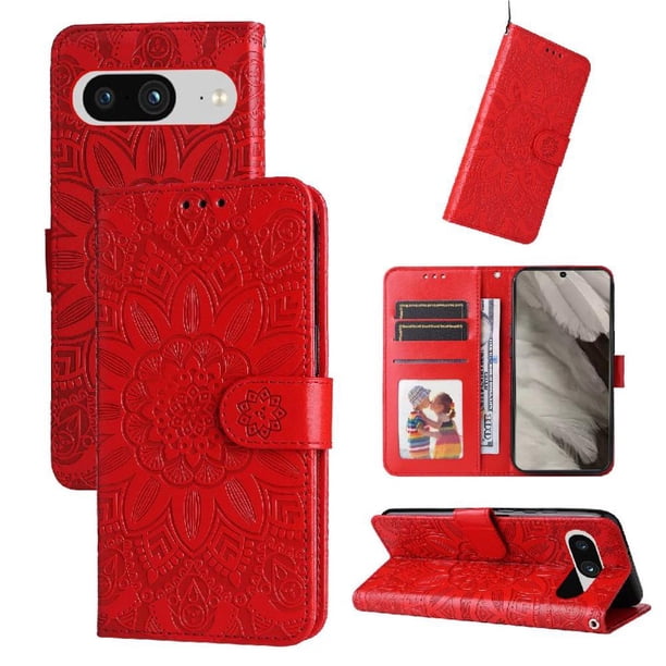 Funda tipo cartera FOXDOCK para Google Pixel 8 , diseño girasol en relieve, cuero PU, cierre magnético, soporte y tarjetero