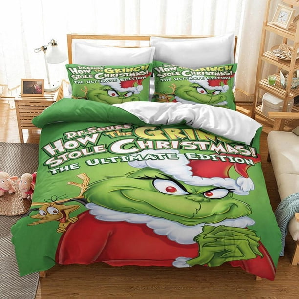 Grinch Stole Christmas Collection Quilt Duvet Cover Set Comforter Cover 3-Piece Bedding Set (1 Duvet Cover + 2 Pillow Shams) Bed Sheets