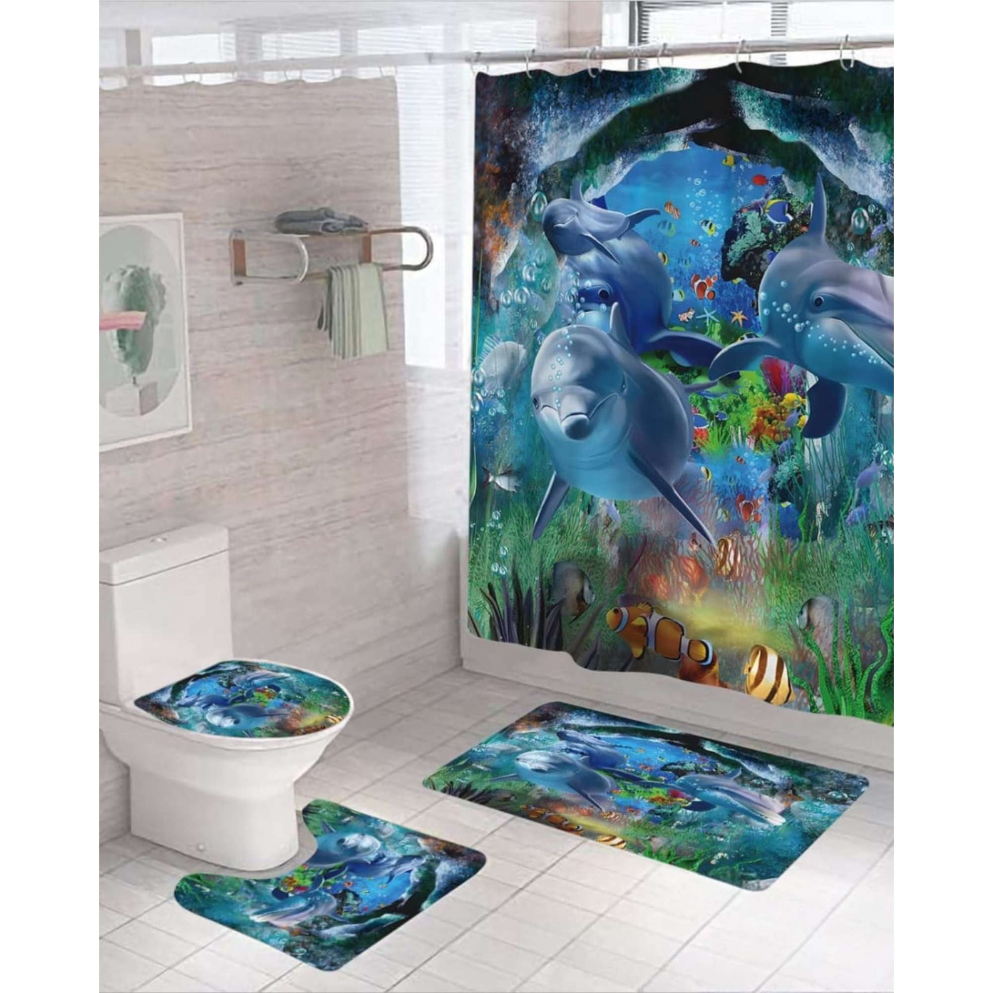 Mylhogar - Juego 5 Piezas Con Cortina De Baño De Tela Poliéster Y Forro De Ducha De Plástico