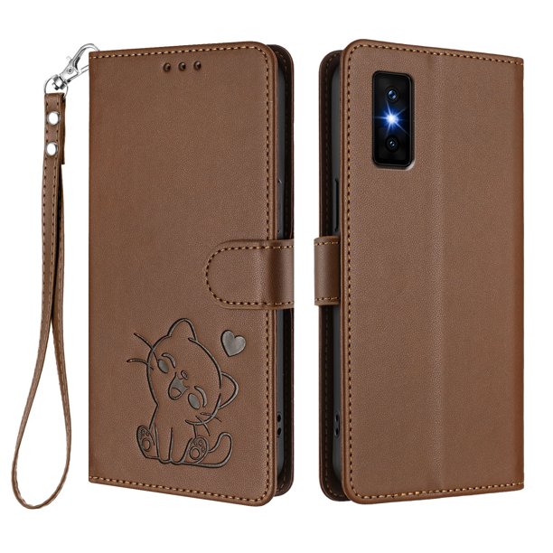 Funda Billetera con Relieve de Gato para Infinix GT 30 Pro, Marrón