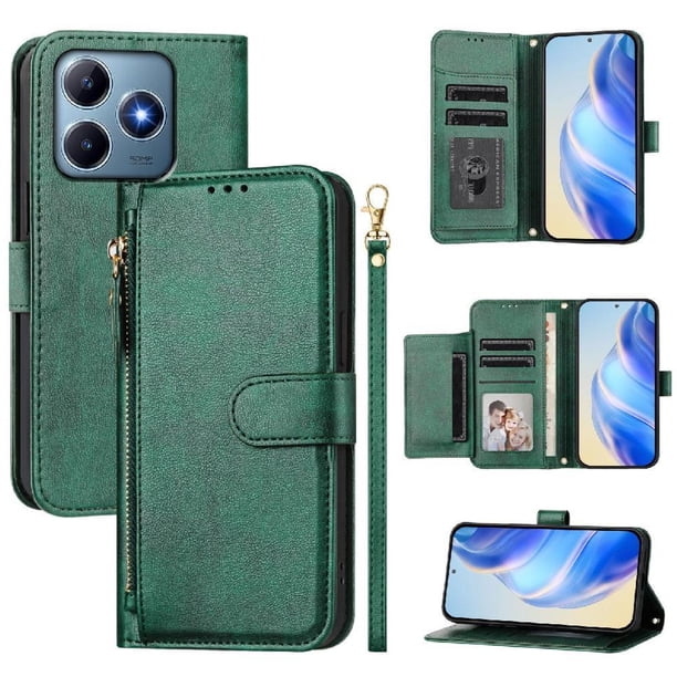 Funda tipo cartera para Realme C61 con bolsillo con cremallera, tarjetero, soporte, correa para la muñeca y tapa de cuero verde