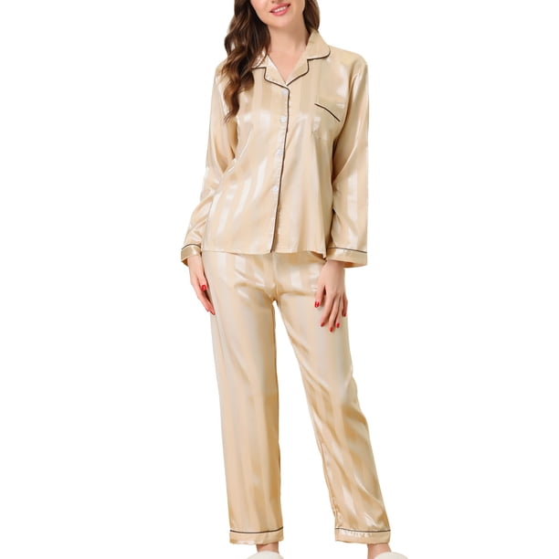INSPIRE CHIC Conjunto de Pijama de Satén a Rayas para Mujer, Manga Larga, Botones, Cuello con Muesca, Conjunto de Descanso con Cintura Elástica S Champán