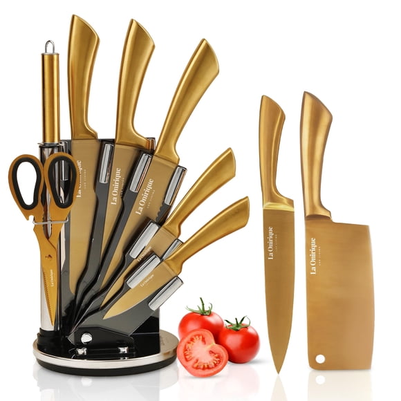 Juego de cuchillos LA ONIRIQUE LUX LIVING con recubrimiento de titanio, color dorado, 8 piezas