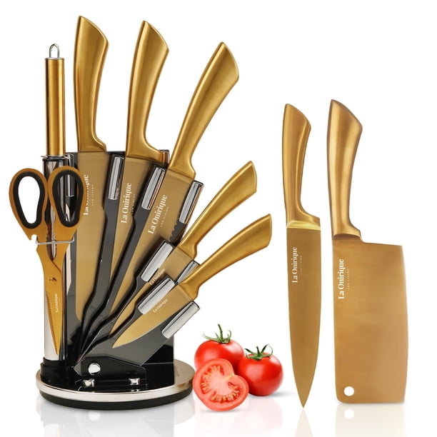 Juego de cuchillos LA ONIRIQUE LUX LIVING con recubrimiento de titanio, color dorado, 8 piezas