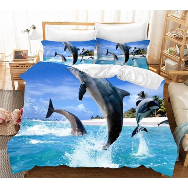 Dolphin Blue Sea Gift 3 Quilt Duvet Cover Set Queen Double3-Piece Bedding Set