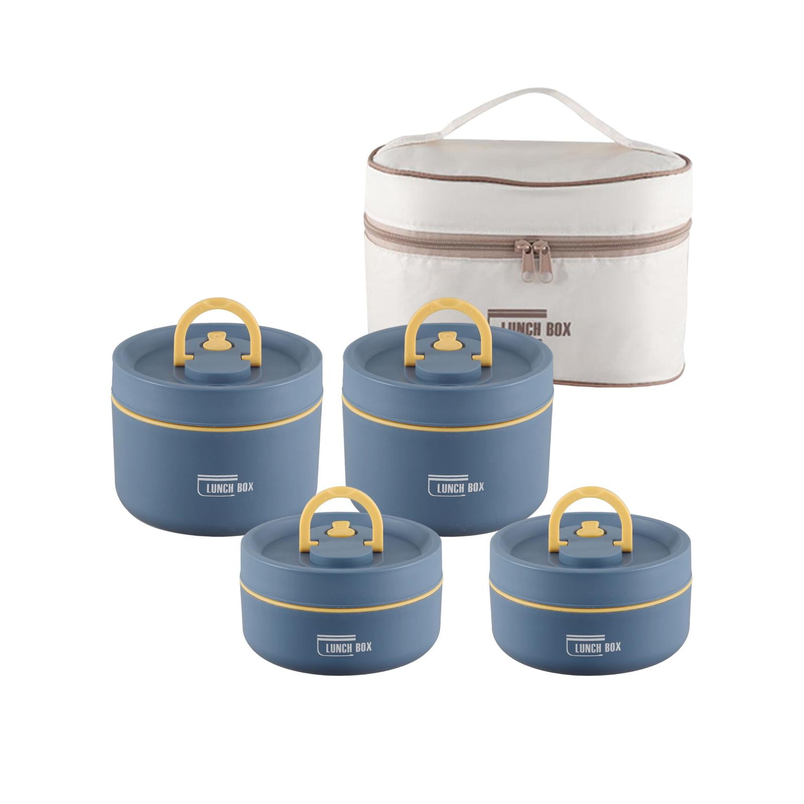 Magideal - Juego De Fiambreras Aisladas De 4 Piezas, Caja Bento, Apilable, Redonda, Para Almacenamiento De Alimentos Fríos O Calientes Con Bolsa, Contenedor De A Azul