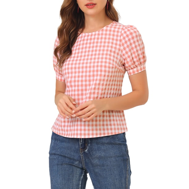 INSPIRE CHIC Blusa Casual de Manga Corta Abullonada con Cuello Redondo y Estilo Vintage de Cuadros Vichy para Mujer XL Rosa Sandía