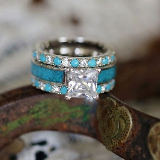 3 pcs/set Elegant Square Zircon Ring Set with Green Stone - Perfect for Engagement and Wedding Jewelry