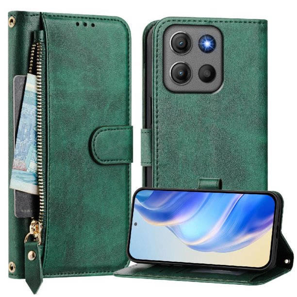 Funda Billetera Cremallera para Motorola Moto G15 Power con Porta Tarjetas, Soporte y Correa Verde