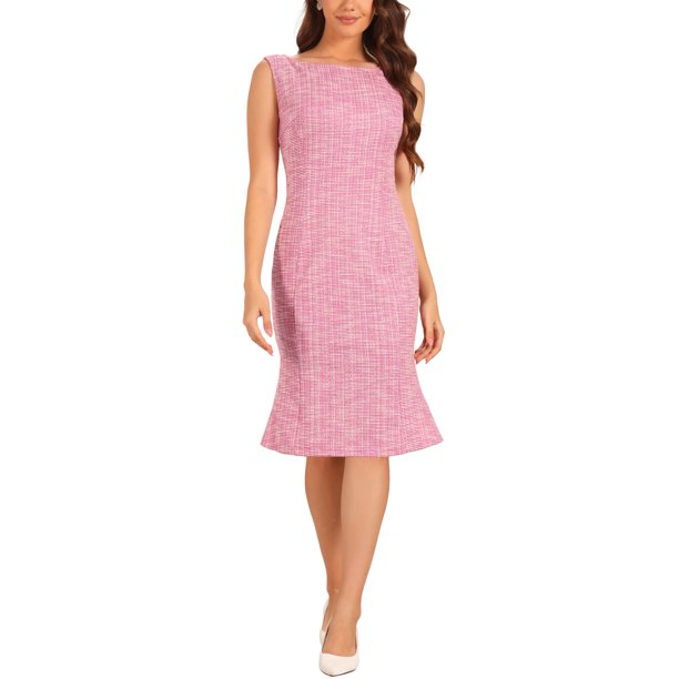INSPIRE CHIC Vestido Elegante sin Mangas de Tweed con Cuello de Barco para Maestras de Regreso a Clases para Mujer, Rosa Fucsia XL