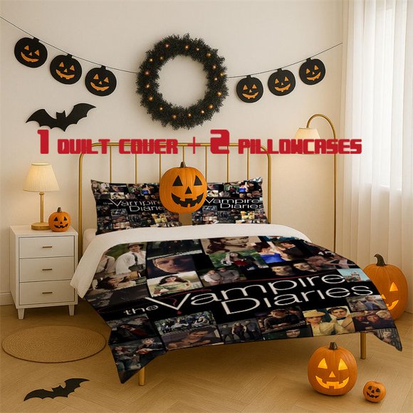 3pcs Vampire Diaries TV Show Bedding Set Official TV Show Design with Iconic Characters Soft Duvet Cover & 2 Pillowcases All Season Comfort