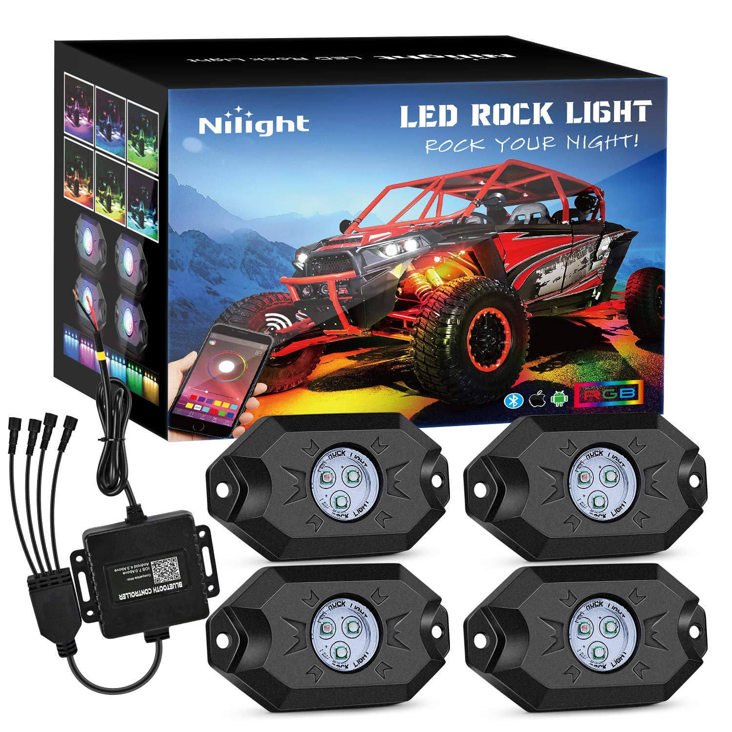 Kit De Luces Led Rgb Tipo Roca Nilight 4 Pods Underglow Truck