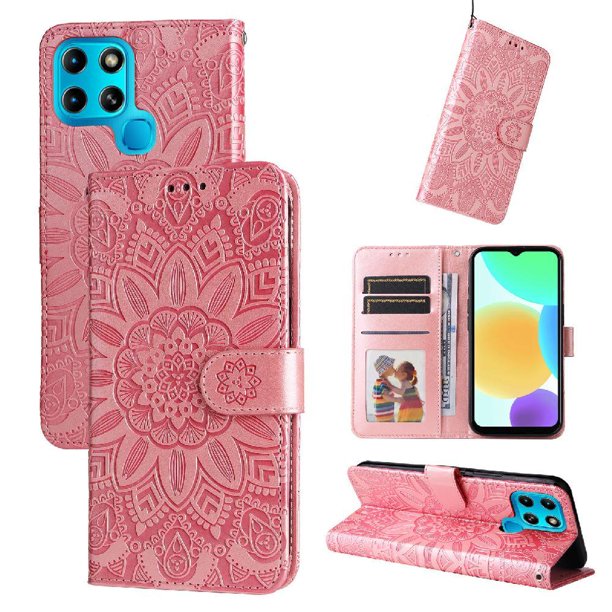 Funda tipo cartera FOXDOCK para Infinix Smart 6 , diseño girasol en relieve, cuero PU, cierre magnético, soporte y tarjetero