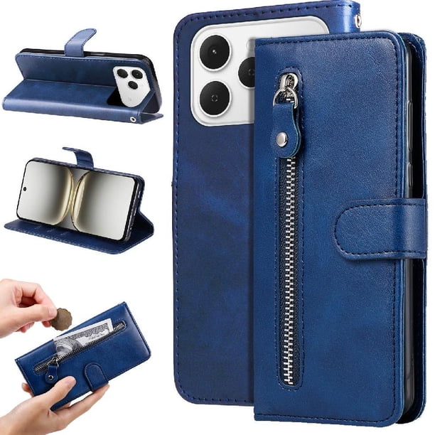 Funda tipo cartera para Tecno Spark 40 4G con bolsillo con cremallera y ranuras para tarjetas – Función de soporte Azul