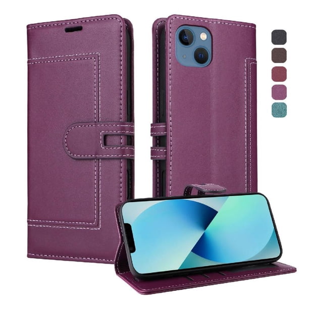 Premium Wallet Case for iPhone 15 with Card Slots & Kickstand, Flip Cover Purple