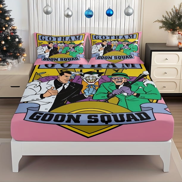 Gotham City Villains Collection Bed Sheet Features a Crime Alliance Pattern of Two-Face The Joker And The Riddler The Elastic Design of The Mattress Protector F
