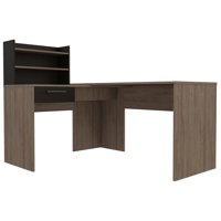 Fmfurniture - Escritorio En L 1 Cajon Y Estantes Fm-002C Café Claro Y Negro