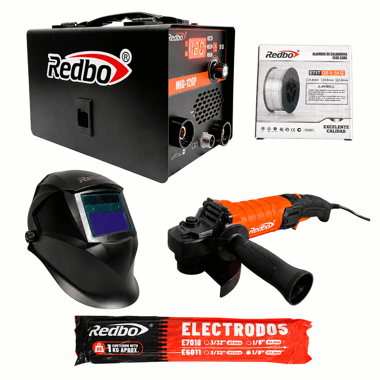 Redbo - Pack Soldador Full: Soldadora Mig-120p + Esmeril Angular 125mm + Máscara "pro Black" + Insumos