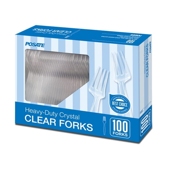 Tenedores de plástico POSATE, pesados, transparentes, desechables, 100 unidades