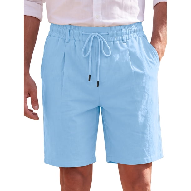 INSPIRE CHIC Pantalones Cortos de Lino con Cintura Elástica y Cordón para Vacaciones en la Playa para Hombre M Azul Claro