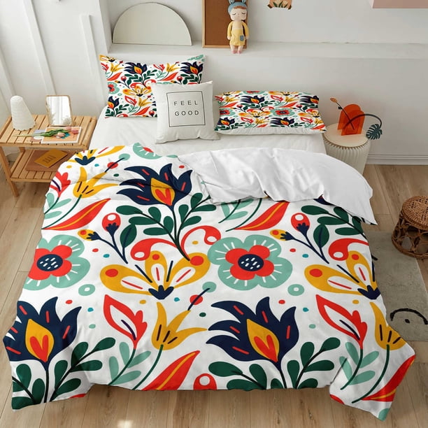 3PCs- Col-orful Flo-wers down -Quilt Cov-er Suit Rus-tic Garde-n Flower Beddin-g Sui-t with Pri-ngting Sui-t