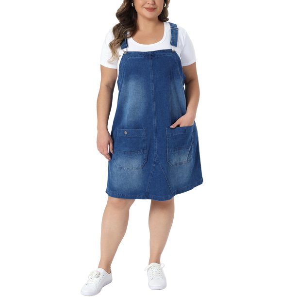 Agnes Orinda Vestido de Peto Ajustable de Mezclilla para Mujer Talla Grande para Escuela o Universidad, Vestido Midi Casual de Verano con Bolsillos 3X Azul