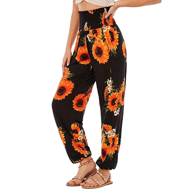 Pantalones de mujer, pantalones de yoga bohemios de cintura alta con bolsillos lavables a máquina