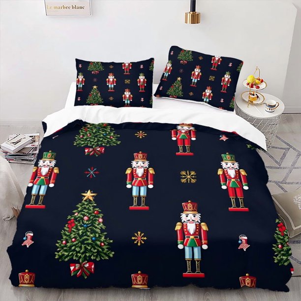 Luxury Christmas Bedding Navy Blue Nutcracker and Tree Pattern 1 Duvet Cover + 2 Pillowcases No Insert Holiday Bedroom Decor
