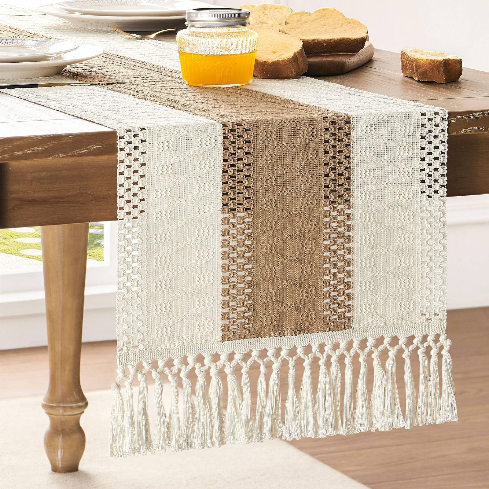 Camino De Mesa Zeemart, Estilo Macramé, Bicolor, 36 X 229 Cm, Marrón Y Marfil