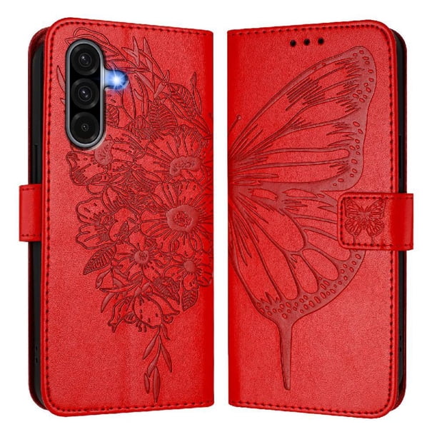 Funda cartera mariposa para Samsung Galaxy A56 5G con soporte y ranuras para tarjetas Rojo