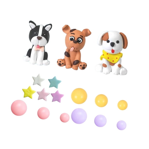 Adornos para tartas de perro, bolas amarillas, moradas y rosas, adornos para cupcakes de cachorro, figuras de arcilla para graduación y revelación de