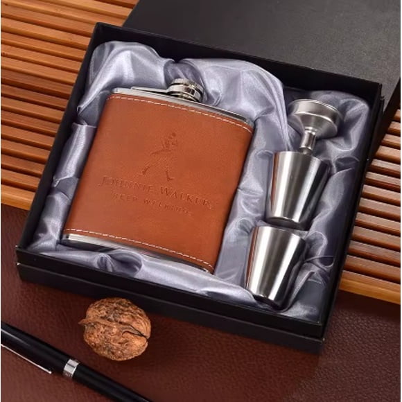 Pack Regalo Petaca Johnnie Walker de Cuero 200ml Con 2 Vasitos Y Embudo Acero Inoxidable