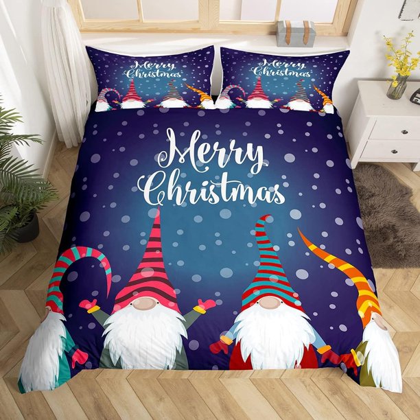 Xmas Bedding Sets Scandinavian Christmas Santa Gnomes Comforter Cover Snowing Santa Claus Bedding Sets for Kids Boys Girls Romantic Candlelight Quilt Cover 3 Pieces Queen Size