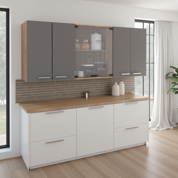Mueble De Cocina Mural 150x60x31,5 Cm Miel Y Plomo 6 Puertas