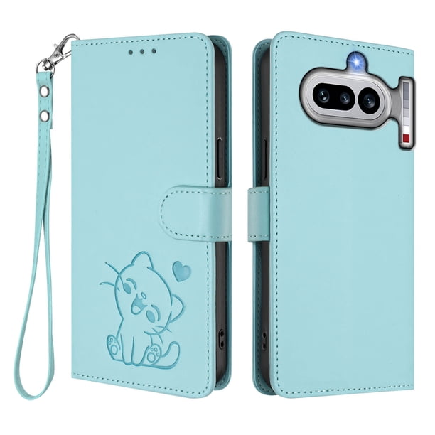 Funda Billetera con Relieve de Gato para Nothing Phone 4A, Verde Claro