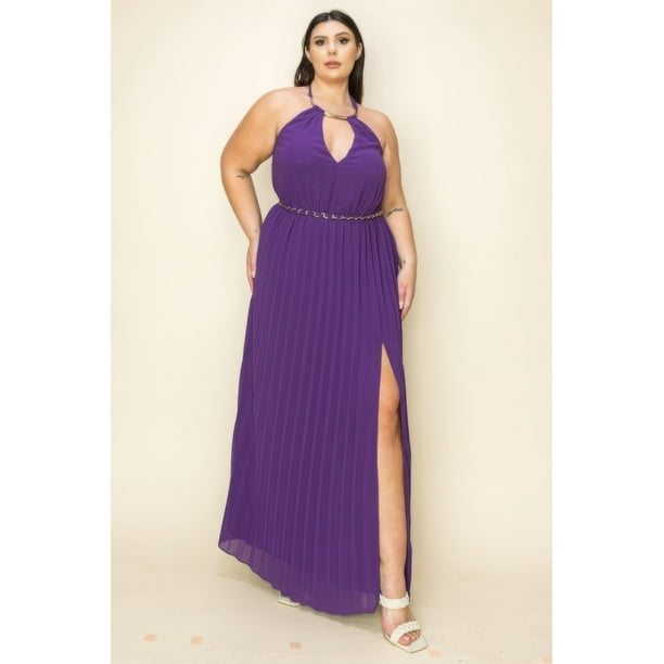 Vestido Largo De Gasa Plisada Con Ribete Dorado Cuello Y Cinturón Abertura En El Pecho Color Morado (talla Grande Para Mujer)