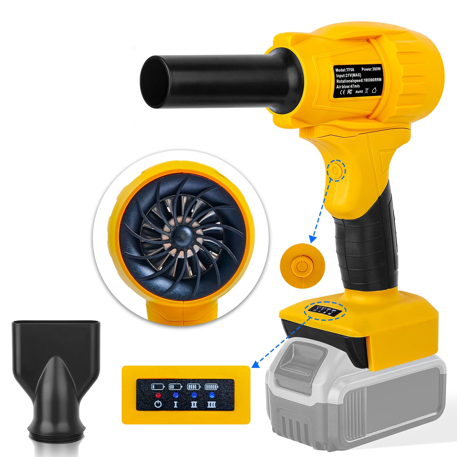 Soplador De Hojas Inalámbrico Fargarloo 380 W 100000 Rpm 47 M/s 8-21 V