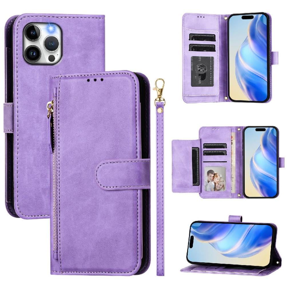 Foxdock - Funda Tipo Cartera Para Iphone 11 Pro Con Bolsillo Con Cremallera, Tarjetero, Soporte, Correa Para La Muñeca Y Tapa De Cuero Morado