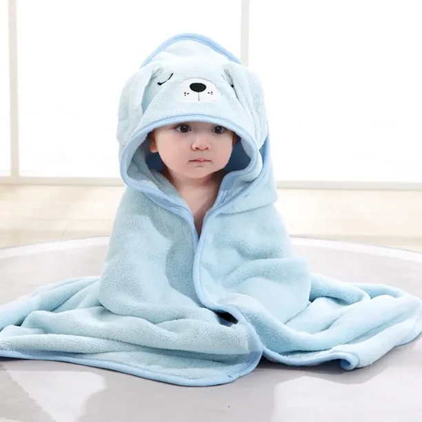 Toalla y Capa para Baño de Algodón Extra Suave Con capucha Perrito Celeste para Bebés y Niños