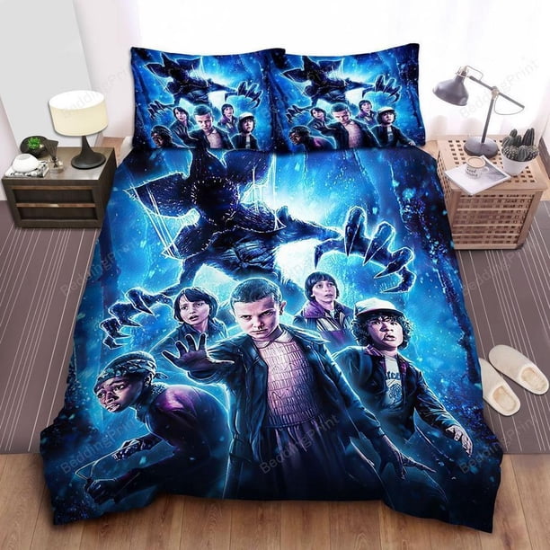 Stranger Things The Party Vs Demogorgon In Blue Theme Quilt Duvet Cover Set3-Piece Bedding Set (1 Duvet Cover + 2 Pillow Shams)