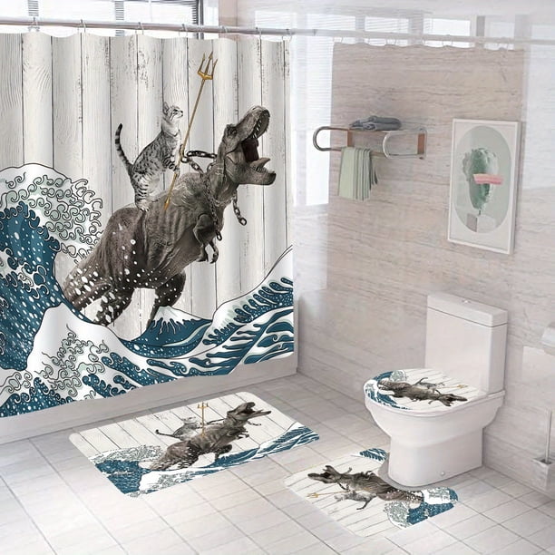 1pcs/3pcs/4pcs Fun Cat Dinosaur Shower Curtain Set - Soft Fabric, Non-Slip Bath Mat, 12 Hooks, 71x71 In - Fun Home Bathroom Decor for Kids and Adults