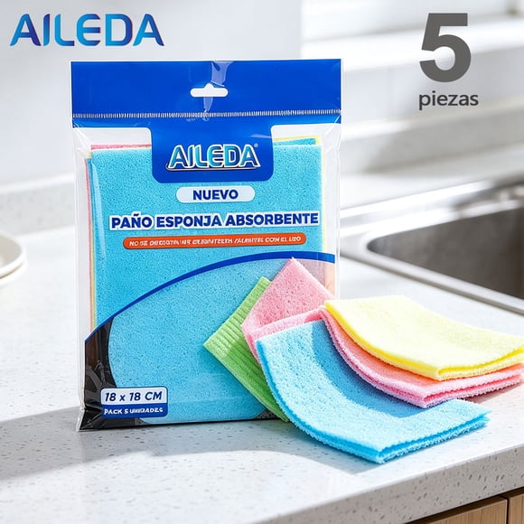 Paño esponja multiuso Aileda 5 unidades 18 x 18 cm, colores surtidos para cocina, baño y derrames