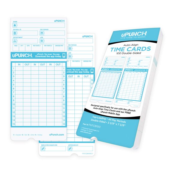 Tarjetas de tiempo de cartulina uPunch FN1000, paquete de 100, doble cara
